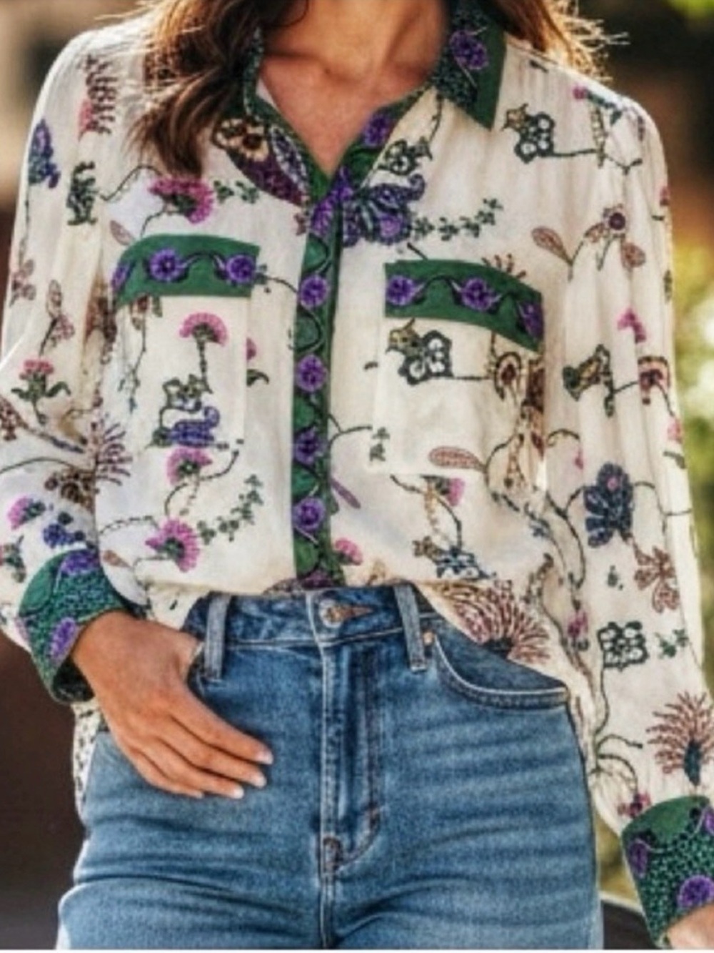LOFT white peacock floral blouse , size M